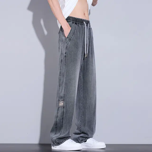 赛瀚 莱赛尔天丝垂顺休闲阔腿裤男生夏季薄款凉感透气舒适宽松直筒长裤子美式潮牌高街风复古水洗抽绳松紧腰多口袋设计牛仔裤 男女同款