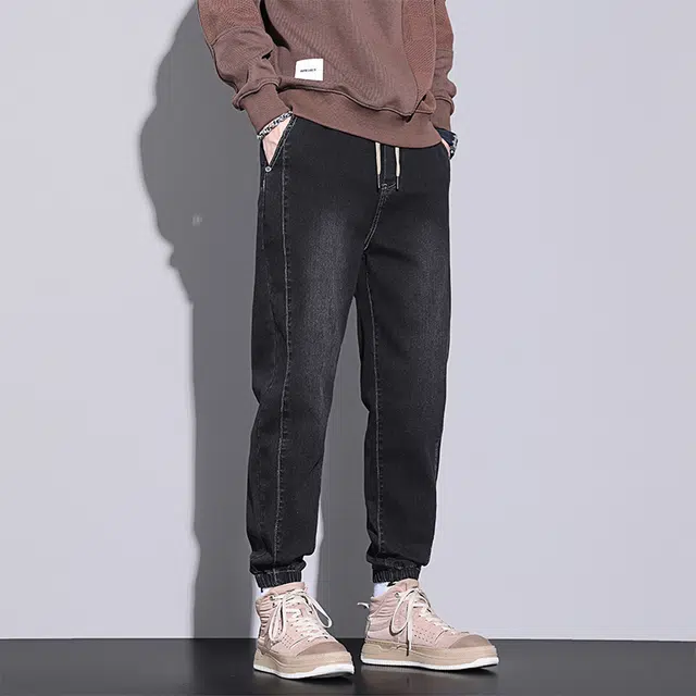赛瀚 潮牌束脚牛仔裤男款美式潮流春秋厚款简约痞帅百搭舒适亲肤男装宽松长裤显瘦显高青少年高街风日常通勤外穿休闲裤 男女同款