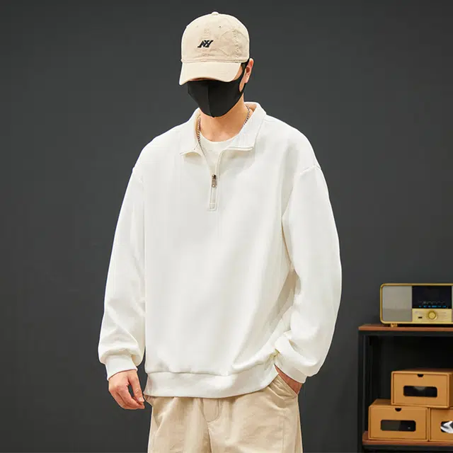 赛瀚 大码外套男生宽松舒适长袖上衣美式潮牌高街风拉链半高领套头纯色设计青少年时尚百搭潮流帅气日常通勤户外运动休闲卫衣 男女同款