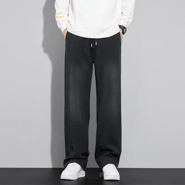 赛瀚 高街风美式阔腿休闲裤男款春秋厚款百搭舒适亲肤男装宽松直筒长裤抽绳松紧腰显瘦显高青少年潮流通勤牛仔裤外穿男裤 男女同款