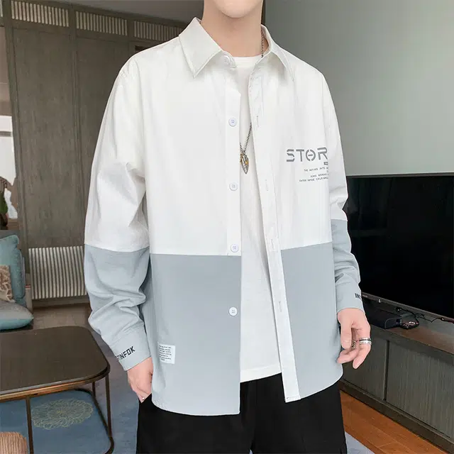 赛瀚 美式高街工装风潮流时尚拼色长袖衬衫男款秋季百搭舒适亲肤显瘦显高男装宽松上衣外套青少年通勤外穿外搭衣服 男女同款