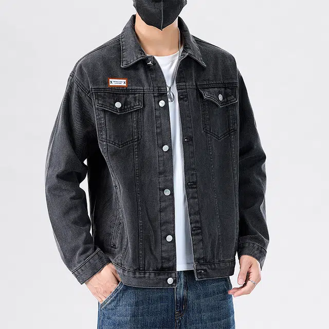 赛瀚 美式休闲夹克男生复古水洗做旧工装上衣服男潮牌高街风翻领纽扣口袋徽章设计青少年时尚百搭潮流帅气宽松牛仔外套 男女同款