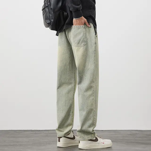 赛瀚 复古直筒牛仔裤男款美式潮流宽松休闲抽绳松紧腰秋季厚款百搭舒适亲肤男装长裤显瘦显高青少年工装高街外穿通勤时尚男裤 男女同款