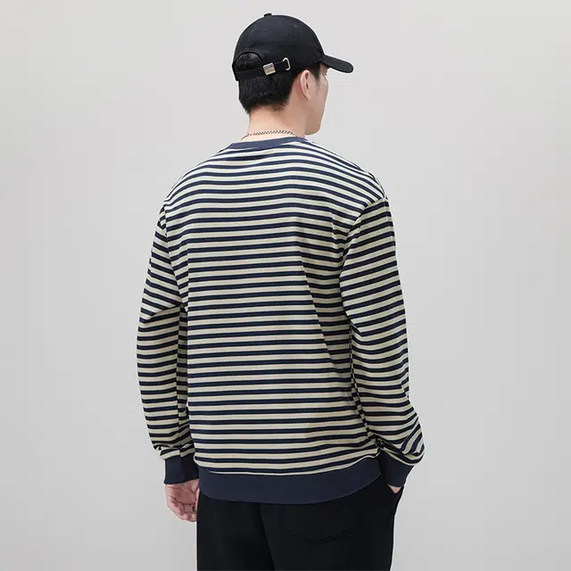 赛瀚 美式圆领卫衣男款高级感条纹休闲时尚秋季厚款百搭舒适亲肤男装上衣宽松显瘦显高青少年高街外穿通勤男士长袖衣服 男女同款