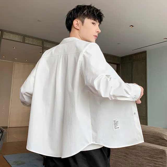 赛瀚 美式潮牌纯色翻领衬衫长袖男款春秋百搭舒适亲肤男装宽松上衣显瘦显高学院风青少年高街通勤时尚外穿外搭衣服 男女同款