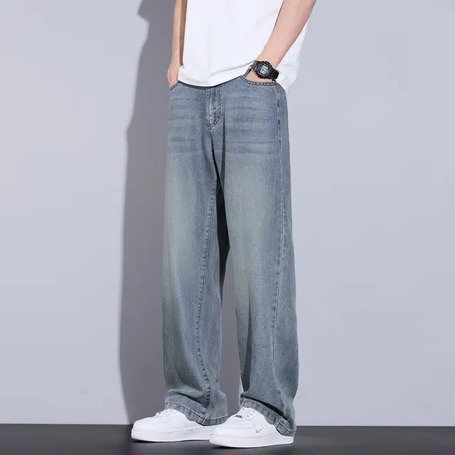 赛瀚 薄款透气凉感舒适美式潮牌复古水洗休闲长裤青少年高街时尚帅气宽松直筒垂感牛仔裤 男女同款