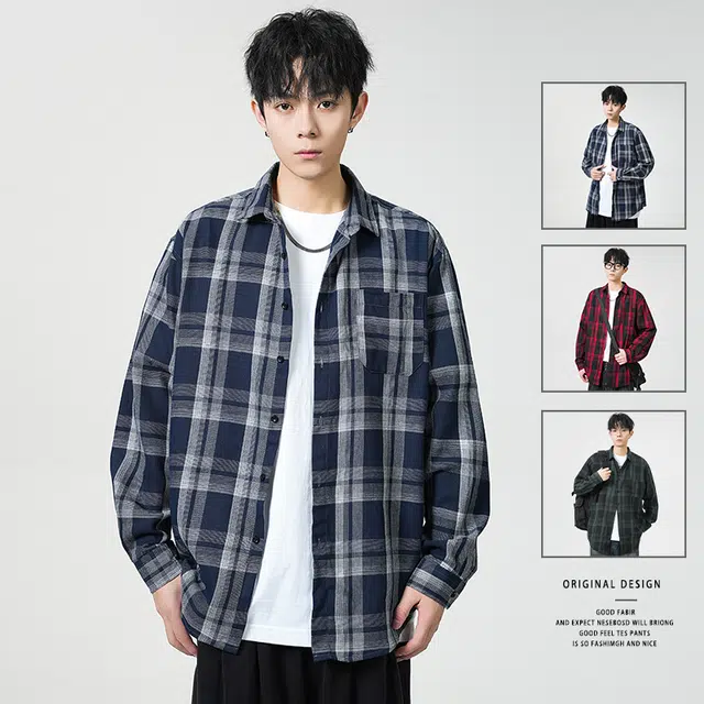 赛瀚 复古格子衬衫长袖男款港风翻领休闲潮牌外套时尚秋季厚款百搭舒适亲肤男装宽松上衣显瘦显高青少年高街外穿通勤男士衣服 男女同款