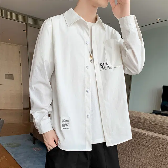 赛瀚 美式潮牌纯色翻领衬衫长袖男款春秋百搭舒适亲肤男装宽松上衣显瘦显高学院风青少年高街通勤时尚外穿外搭衣服 男女同款