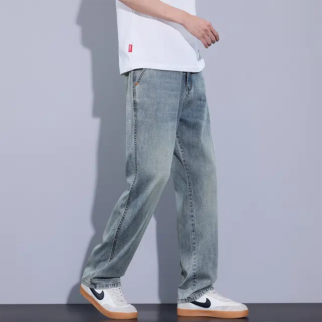 赛瀚 莱赛尔天丝休闲裤男生夏季薄款凉感透气宽松直筒长裤子美式潮牌高街风复古水洗做旧拉链纽扣时尚百搭潮流帅气阔腿牛仔裤 男女同款