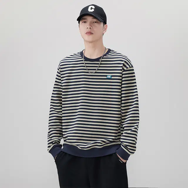 赛瀚 美式圆领卫衣男款高级感条纹休闲时尚秋季厚款百搭舒适亲肤男装上衣宽松显瘦显高青少年高街外穿通勤男士长袖衣服 男女同款