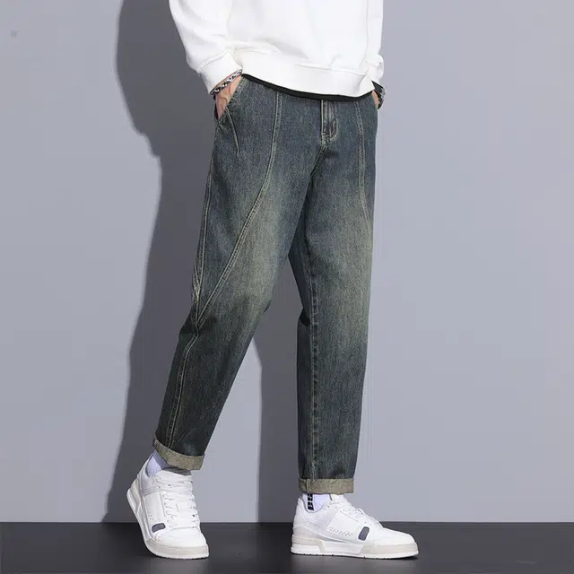赛瀚 潮牌锥形牛仔裤男款美式潮流休闲直筒哈伦裤拼接设计春秋厚款百搭舒适亲肤男装长裤宽松显瘦显高少年高街通勤外穿男裤 男女同款