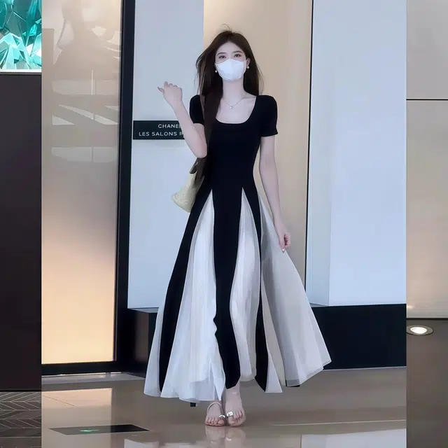 依钗 法式小众拼接撞色设计修身显瘦赫本风仙女长裙短袖连衣裙 女款