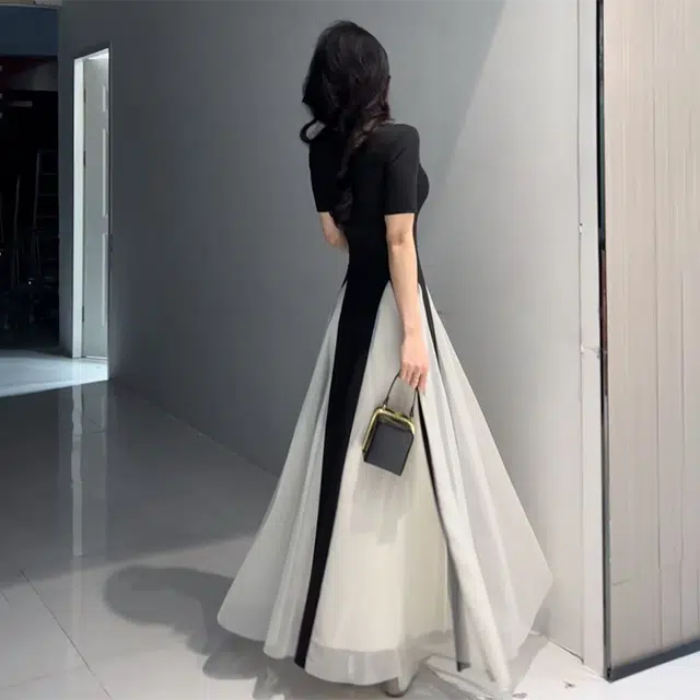 依钗 法式小众拼接撞色设计修身显瘦赫本风仙女长裙短袖连衣裙 女款