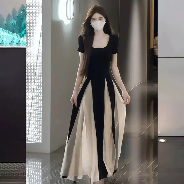 依钗 法式小众拼接撞色设计修身显瘦赫本风仙女长裙短袖连衣裙 女款