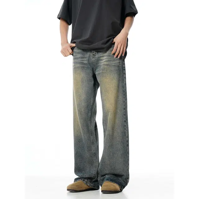 巴塞罗那足球俱乐部 美式复古水洗做旧多风格百搭休闲垂感牛仔裤 男女同款