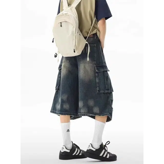 一碗士多 美式高街复古多口袋褶皱宽松阔腿七分裤潮流设计短裤 男女同款