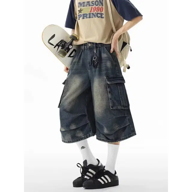一碗士多 美式高街复古多口袋褶皱宽松阔腿七分裤潮流设计短裤 男女同款