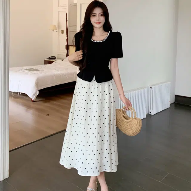 依钗 法式赫本风大码长裙波点设计感收腰显瘦假两件短袖连衣裙 女款