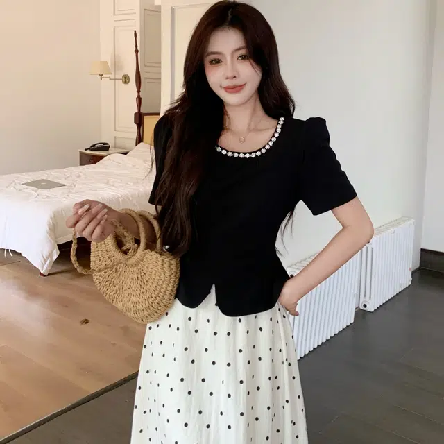依钗 法式赫本风大码长裙波点设计感收腰显瘦假两件短袖连衣裙 女款