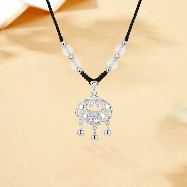 【999纯银 转运平安】足银福运平安锁 七好美银 新中式国风招财纳福小众设计编织简约时尚百搭长命锁本命年#好运 玛瑙 项链 男女同款情侣款