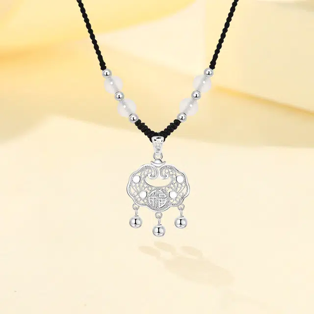 【999纯银 转运平安】足银福运平安锁 七好美银 新中式国风招财纳福小众设计编织简约时尚百搭长命锁本命年#好运 玛瑙 项链 男女同款情侣款