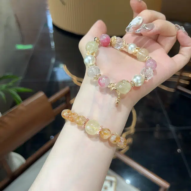 千叶珠宝 「璎珞叠翠·金缀梦」 优雅可爱灵动招桃花浪漫樱花轻奢高级感小众设计款#好运天然 粉水晶 手串 男女同款情侣款