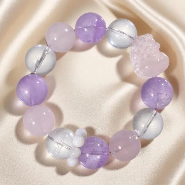 千叶珠宝 「貔貅纳财·紫印衔祥」梦幻粉紫水甜美瑞兽貔貅招财旺人缘转运串珠 新中式国潮小众轻奢设计款#好运天然 粉水晶 手串 女款