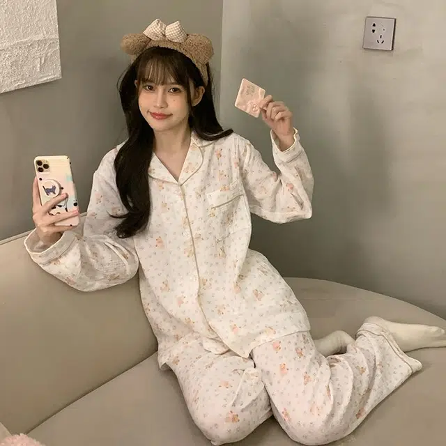 俞兆林 高级感碎花卡通翻领开衫甜美少女柔软纯棉纱长袖长裤舒适家居服睡衣套装 秋冬季 女款