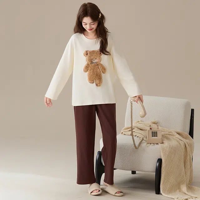 俞兆林 柔软纯棉可爱小熊卡通高级感圆领甜美少女学生舒适长袖家居服两件套睡衣套装 秋冬季 女款