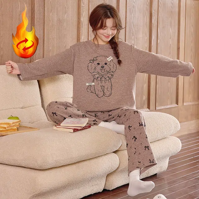 俞兆林 高级感可爱小狗卡通圆领柔软保暖羊毛绒长袖舒适四季款家居服睡衣套装 秋冬季 女款