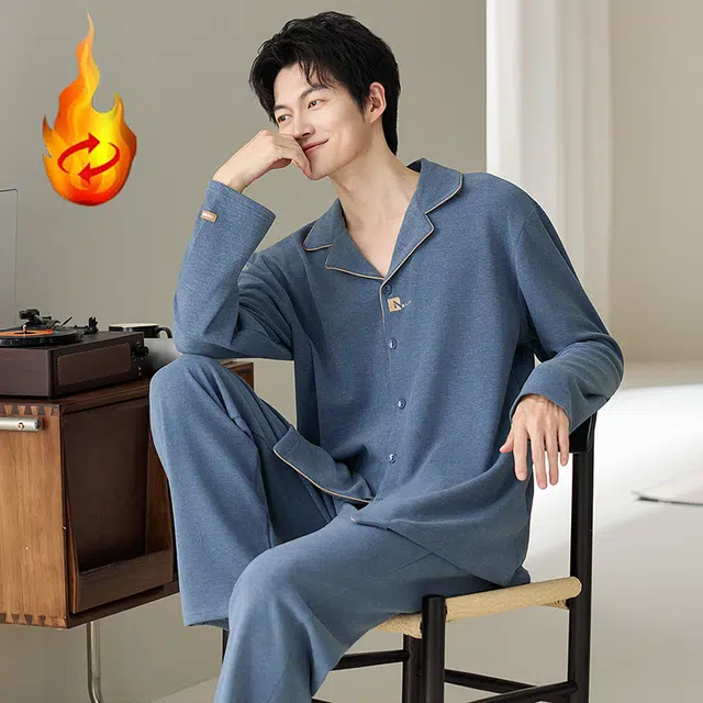 俞兆林 高级感纯色时尚翻领青少年柔软保暖羊毛绒长袖长裤学生舒适家居服睡衣套装 秋冬季 男款