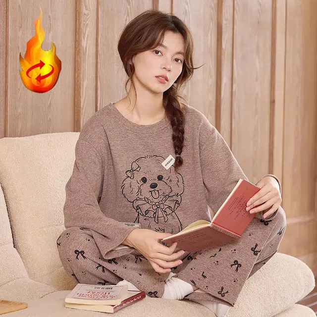 俞兆林 高级感可爱小狗卡通圆领柔软保暖羊毛绒长袖舒适四季款家居服睡衣套装 秋冬季 女款