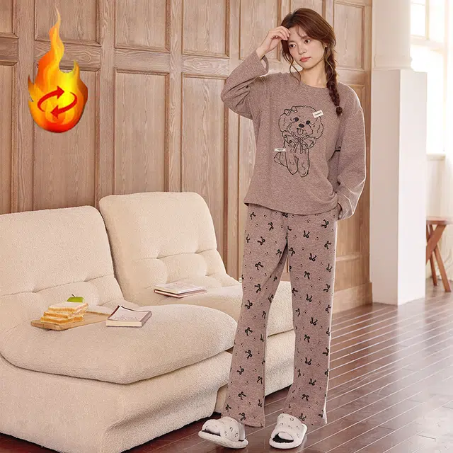 俞兆林 高级感可爱小狗卡通圆领柔软保暖羊毛绒长袖舒适四季款家居服睡衣套装 秋冬季 女款