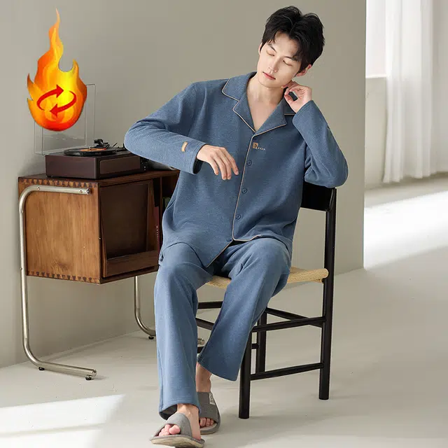 俞兆林 高级感纯色时尚翻领青少年柔软保暖羊毛绒长袖长裤学生舒适家居服睡衣套装 秋冬季 男款