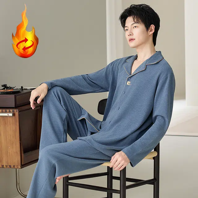 俞兆林 高级感纯色时尚翻领青少年柔软保暖羊毛绒长袖长裤学生舒适家居服睡衣套装 秋冬季 男款
