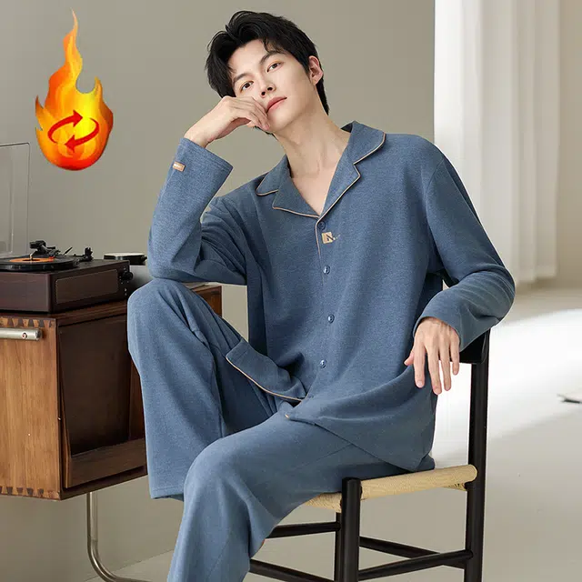 俞兆林 高级感纯色时尚翻领青少年柔软保暖羊毛绒长袖长裤学生舒适家居服睡衣套装 秋冬季 男款