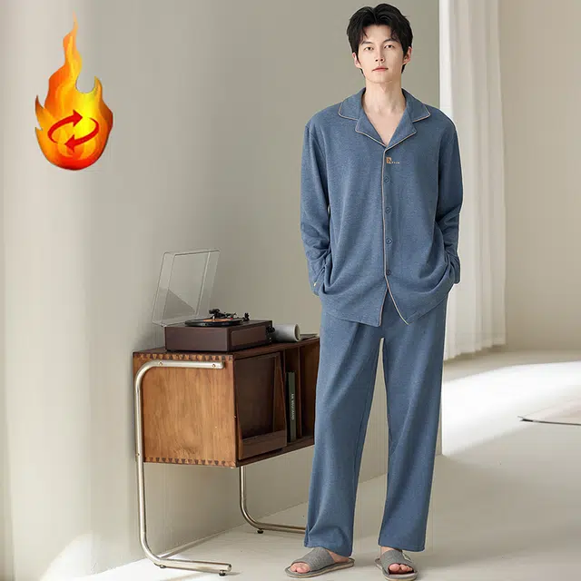 俞兆林 高级感纯色时尚翻领青少年柔软保暖羊毛绒长袖长裤学生舒适家居服睡衣套装 秋冬季 男款