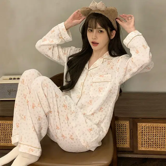 俞兆林 高级感碎花卡通翻领开衫甜美少女柔软纯棉纱长袖长裤舒适家居服睡衣套装 秋冬季 女款