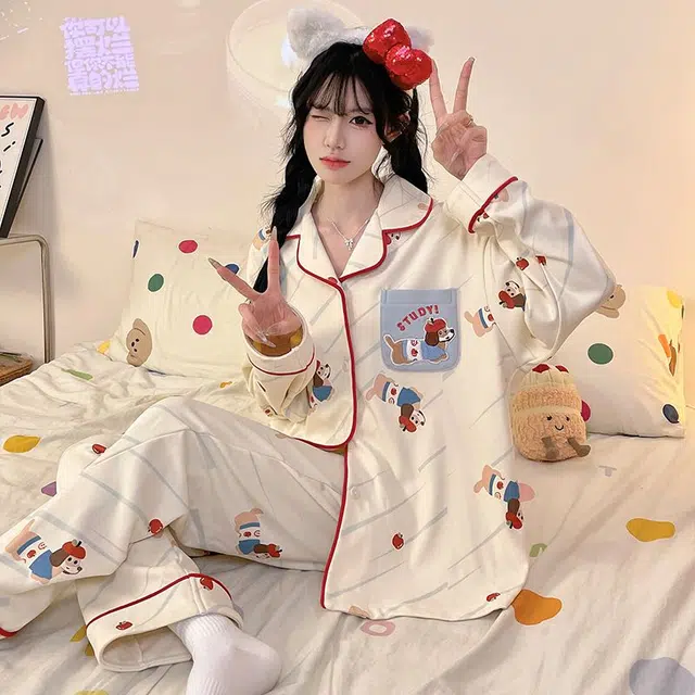 俞兆林 高级感可爱长条狗卡通开衫柔软保暖德绒长袖长裤舒适家居服睡衣套装 秋冬季 女款