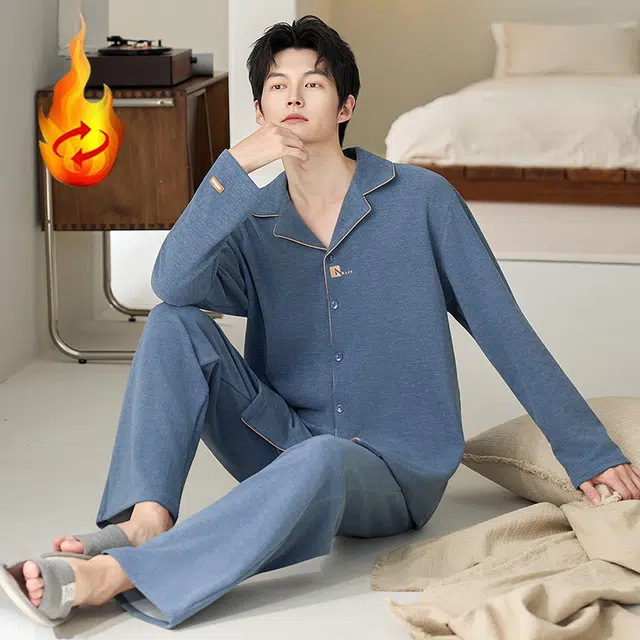 俞兆林 高级感纯色时尚翻领青少年柔软保暖羊毛绒长袖长裤学生舒适家居服睡衣套装 秋冬季 男款