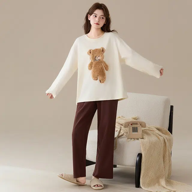 俞兆林 柔软纯棉可爱小熊卡通高级感圆领甜美少女学生舒适长袖家居服两件套睡衣套装 秋冬季 女款