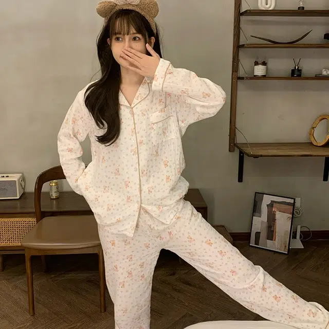俞兆林 高级感碎花卡通翻领开衫甜美少女柔软纯棉纱长袖长裤舒适家居服睡衣套装 秋冬季 女款