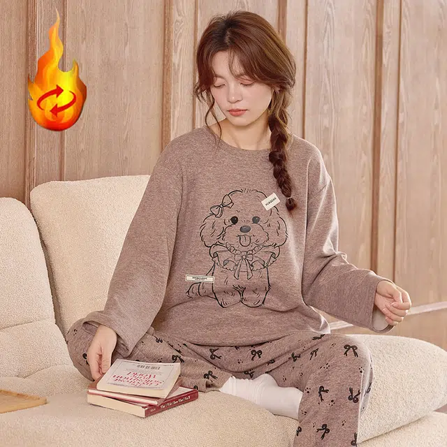 俞兆林 高级感可爱小狗卡通圆领柔软保暖羊毛绒长袖舒适四季款家居服睡衣套装 秋冬季 女款