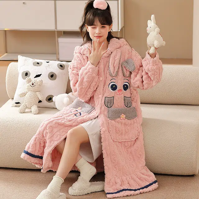 俞兆林 可爱小兔卡通高级感柔软保暖珊瑚绒长款连帽睡衣浴袍甜美少女舒适家居服睡袍 秋冬季 女款