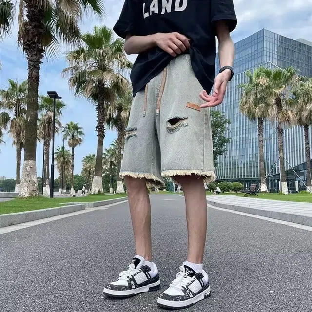 木木兔 美式复古痞帅潮牌毛边破洞休闲百搭小众时尚设计感五分裤牛仔短裤 男款