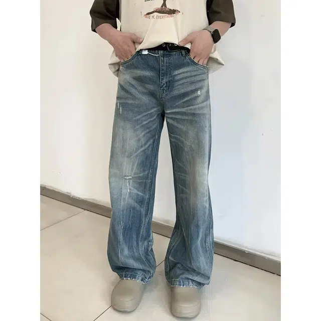 木木兔 美式微喇复古水洗做旧薄款显瘦时尚设计感宽松百搭阔腿拖地直筒牛仔裤 男款