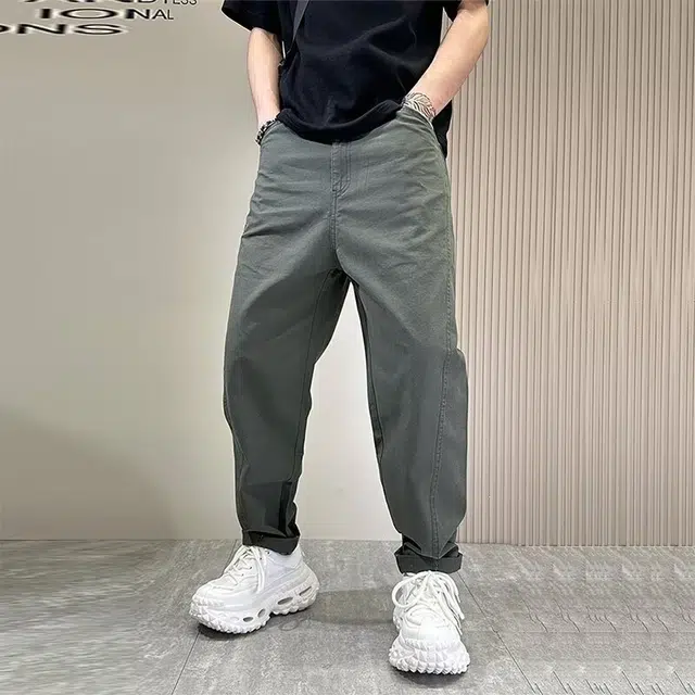 木木兔 美式高腰纯色弯刀裤痞帅工装裤百搭直筒宽松阔腿休闲裤 男款