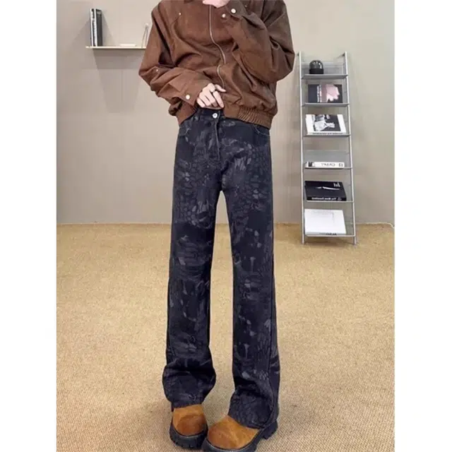 木木兔 美式高街复古迷彩蛇纹牛仔裤休闲时尚痞帅弯刀裤子直筒修身微喇裤 男款