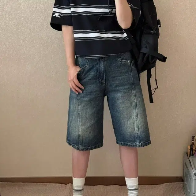 木木兔 美式复古水洗做旧潮牌宽松直筒休闲百搭小众时尚五分牛仔短裤 男款