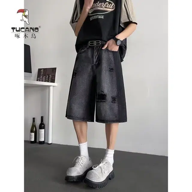 木木兔 美式高街破洞复古潮牌直筒休闲百搭小众时尚设计感七分裤牛仔短裤 男款